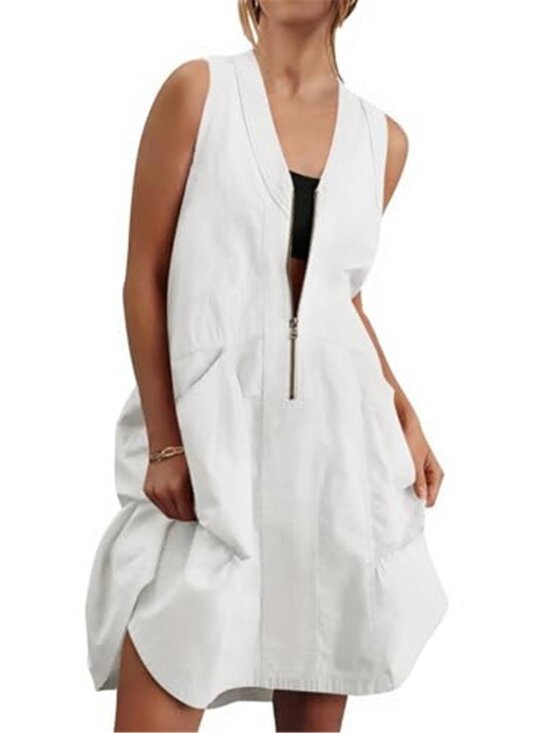 Dresses & Skirts - Women's White Sleeveless Tank Mini Dress Casual Half Zip V Neck Loose Mesh